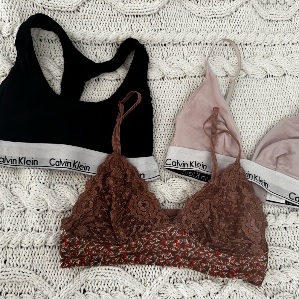 Calvin Klein & Free People Black, Brown, and Pink Bralette set